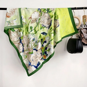 Macro view of artistic oil painting printed silk scarf with elegant floral patterns