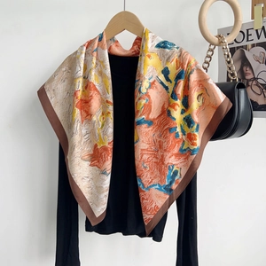 Artistic Oil Painting Floral Print Square Scarf For Women Large Polyester Satin Feel Bandana Elegant Neck Head Scarf Wrap