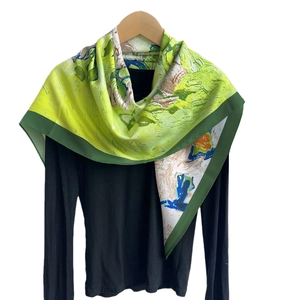 Impressionist art print large silk square scarf in green and yellow tones for women