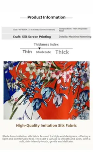 Detail of 90x90cm floral silk-feel scarf showing screen print texture and machine rolled hem