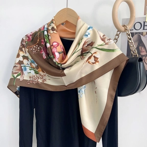 Fashion Floral Print Polyester Satin Square Scarf Women Elegant Sun Protection Bandana For Beach Travel Summer Accessories