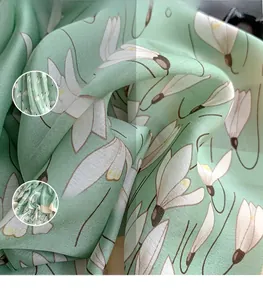 Detailed macro view of mint green floral silk scarf showing light chiffon fabric texture