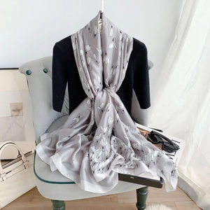 Elegant grey silk-satin scarf with white tulip prints for women, stylish long shawl wrap