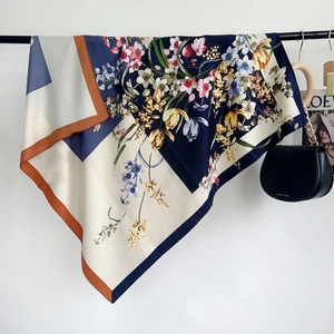 Floral square silk scarf with realistic tulips and blue geometric splice pattern