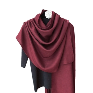 Elegant wine red linen scarf with a decorative white camellia flower for women