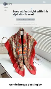 Detail of 110cm red ethnic print square scarf with bohemian paisley and floral patterns
