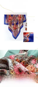 Detailed view of floral paisley print on a large blue polyester scarf and pashmina shawl