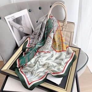 Women Satin Square Scarf Printed Pastoral Style Leaf Pattern Bandana Fashionable Hair Wrap Headscarf For Daily Office