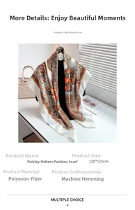 Detail view of 110x110cm floral paisley square scarf showing material and machine hem