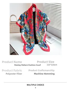 Detail of red paisley flower shawl, 110x110cm polyester fabric with machine-rolled edges