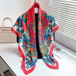 Ethnic paisley and floral print silk shawl in red, perfect for beach sun protection
