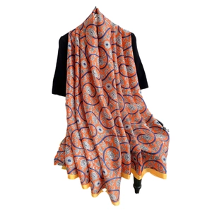 Elegant orange silk scarf with blue vintage floral prints and yellow border wrap