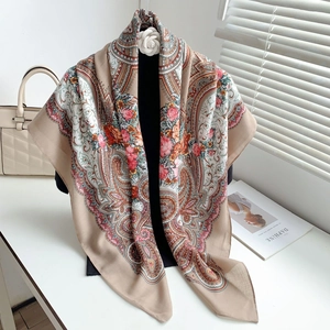 Bohemian paisley large square scarf in khaki with vibrant floral patterns and brooch