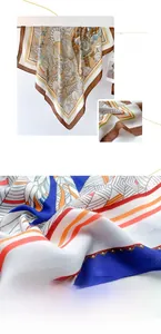 Detail showing polyester fiber printed scarf with delicate patterns and smooth texture