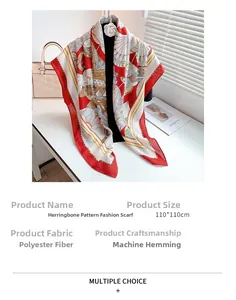 Detail view of red herringbone square shawl with specifications and 110cm size details