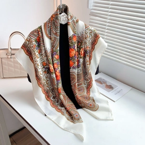 Retro ethnic paisley floral square scarf in cream and orange for women's shawl use