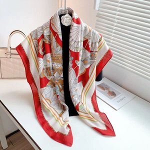 Detailed view of large red silk shawl with vintage floral patterns and bold geometric borders
