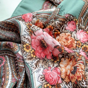 Detailed close-up of paisley and floral print on soft vintage ethnic style shawl