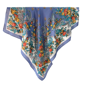 Ethnic style blue paisley floral square shawl with fringe for sun protection