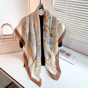 Elegant multi-color printed silk-like large square shawl with sequins and geometric patterns
