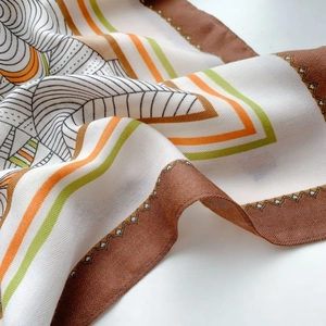 Ethnic style warm red shawl scarf with geometric stripes and orange floral patterns
