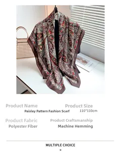 Detail view of 110x110cm paisley patterned scarf with polyester fabric and rolled edges