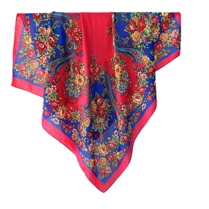 Sciarpa quadrata stile etnico da donna con motivi paisley rossi e blu vivaci