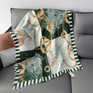 Green and white chain print cotton linen scarf for women with elegant gold patterns