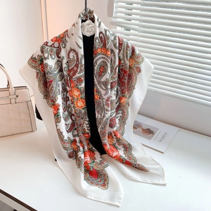 Elegant white Paisley floral scarf with orange flower patterns and soft silky texture