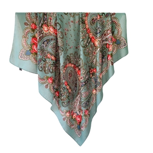 Ethnic paisley and red rose print square scarf in sage green with soft velvet touch