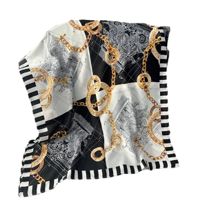 Baroque chain print linen-cotton scarf with gold hardware patterns and striped borders