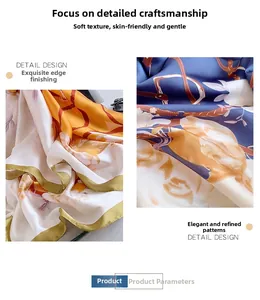 Close-up of elegant floral and chain pattern silk-like scarf with fine edge stitching