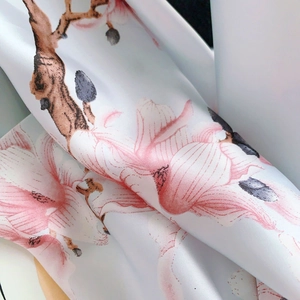 Elegant magnolia silk scarf in pearl white with floral pattern for women