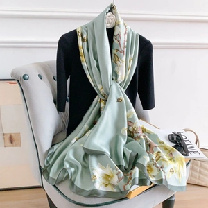 Elegant Magnolia Print Polyester Satin Scarf For Women Fashionable Shawl Large Beach Wrap Lightweight Accessories