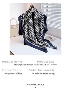 Detail of 110x110cm herringbone scarf with blue contrast machine hemming edge