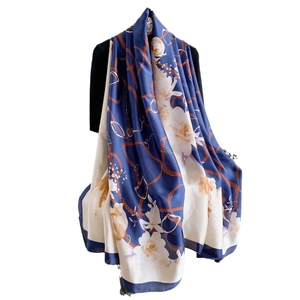 Elegant large silk scarf with navy blue floral patterns and classic chain print design