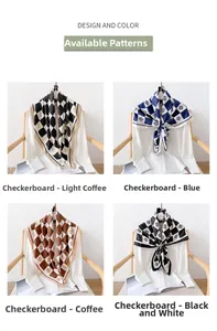 Detailed close-up of four checkerboard silk scarves in brown, blue, coffee and black-white