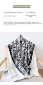 Detail view of 90x90cm polyester silk square scarf with black and white abstract pattern