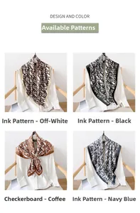 Detailed grid showing four chic patterns of silky scarves including ink and checkerboard styles