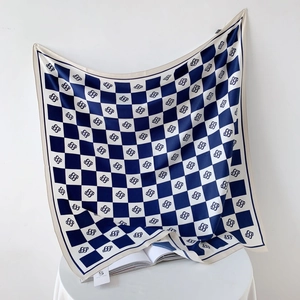 Classic blue and white checkerboard silk scarf with art logo pattern for women