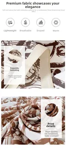 Detail view of the machine-rolled edges and abstract ink print on silk-like fabric scarf