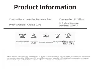 Detailed size and care specs for imitation cashmere scarf 65x185cm and 220g weight