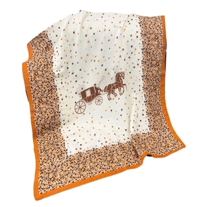 Floral cotton linen scarf in misty blue featuring classic carriage print border design