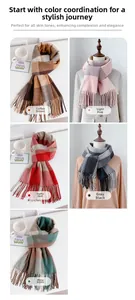 Detailed grid of cashmere-like scarves in five colors with thick plaid pattern and fringe