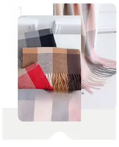 Detail showing classic plaid patterns and soft fringe tassels of the imitation cashmere scarf