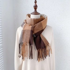 Classic plaid imitation cashmere scarf with tassels shown on a mannequin for women