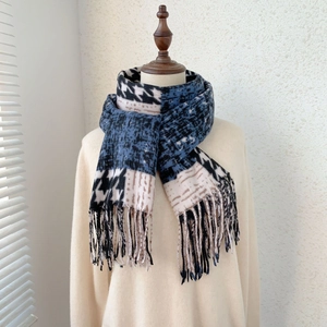 Women's Elegant Cashmere-Like Scarf Houndstooth Leopard Print Patchwork Shawl Long Warm Tassel Wrap For Autumn Winter