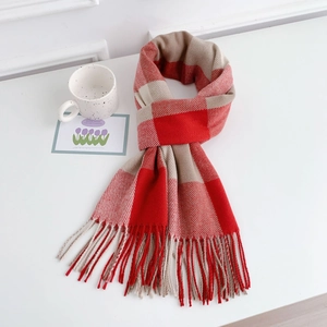 Detailed close-up of thick plaid scarf with tassels in red and brown colors