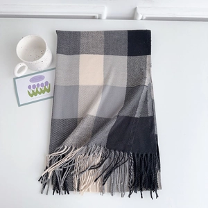 Detailed view of plaid scarf with thick fringe edges and soft imitation cashmere texture