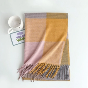 Dettaglio della sciarpa in cashmere a quadri arcobaleno con frange su uno sfondo bianco